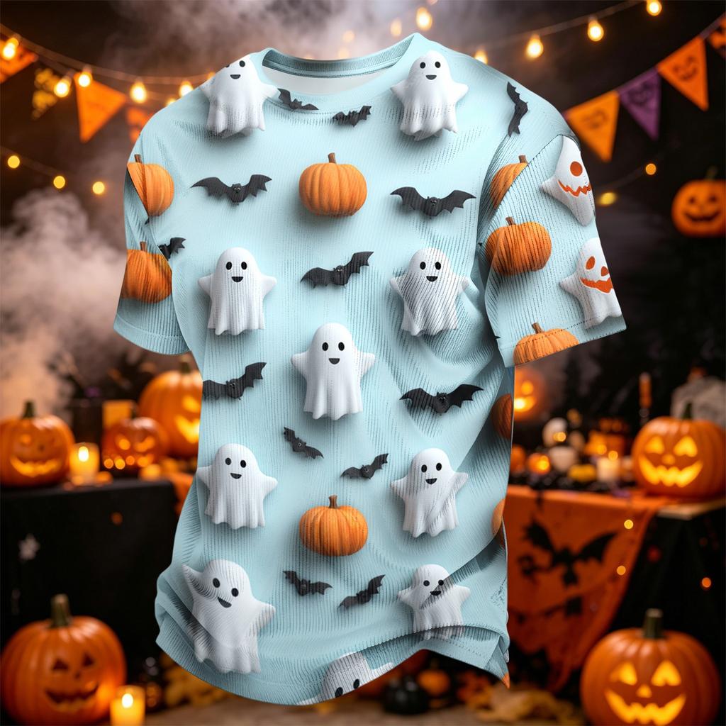 Herren Freizeit-Corduroy-Kurzarmhemd Leicht Atmungsaktiv Rundhalsausschnitt Oberteil Halloween-Muster Design Bequeme Passform
