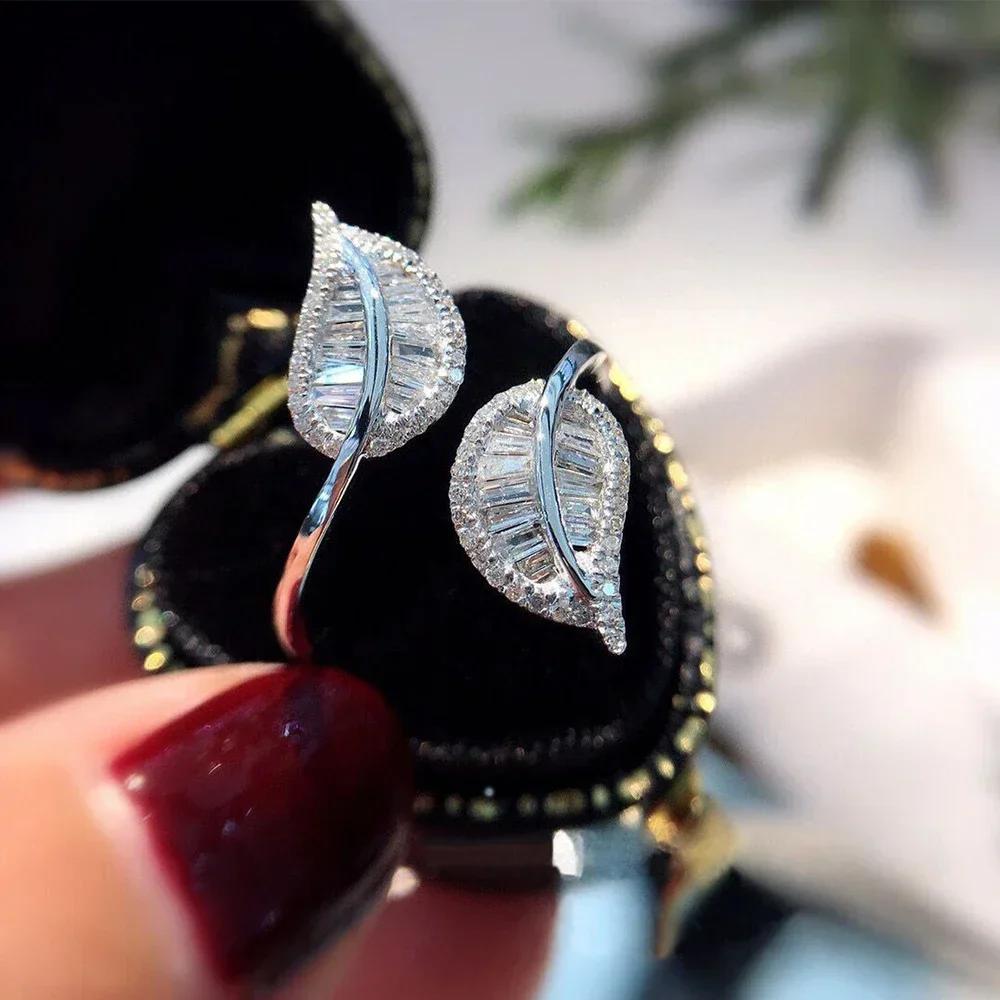 

2026 Luxury Leaf Adjustable Opening Rings for Women Copper Color Bridal Wedding Crystal Cubic Zirconia Fashion Zircon resizable