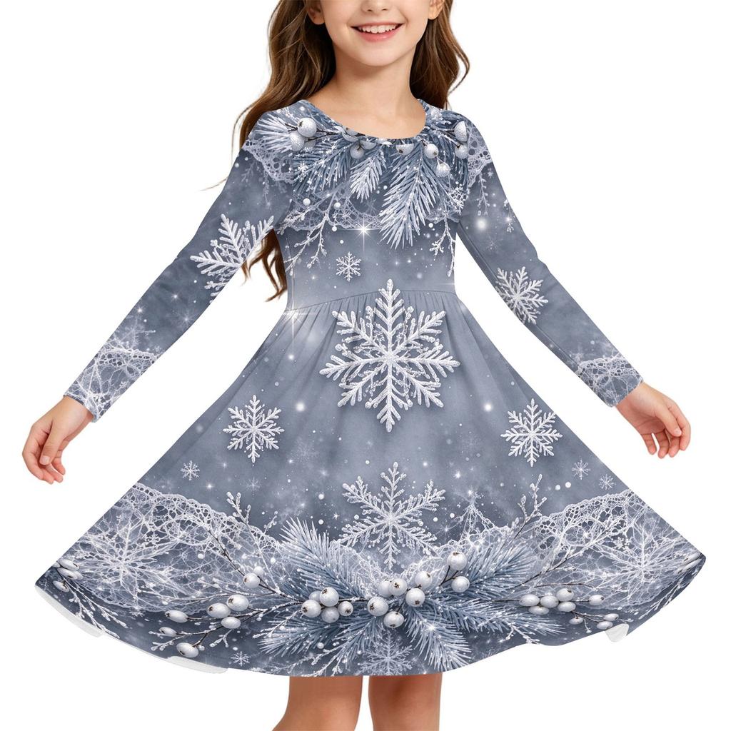 Kids Christmas Print Long Sleeve Dress for Holiday Parties and Everyday Wear