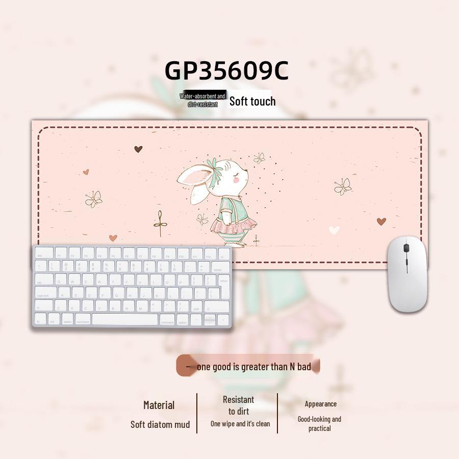Tech Leather Healing Girl Large Mouse Pad with Cartoon Animal Design - Thick Keyboard and Wrist Rest Desk Mat