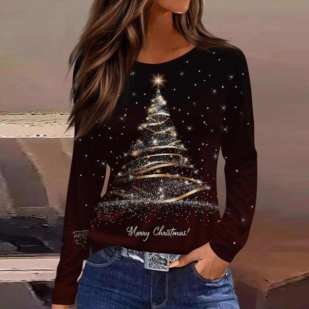 Women's Fashion Casual Slit Hem Round Neck Long Sleeve Loose Christmas Printed T-Shirt Ladies Top