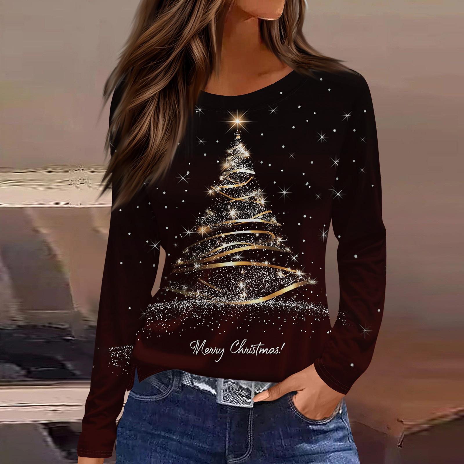 

Женская модная повседневная футболка с разрезом по низу, круглым вырезом, длинными рукавами, свободного кроя, с рождественским принтом, женский топ S