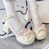 Cross Strap Women High Heels Mary Jane Pumps Party Wedding Cosplay Beige Blue Bow Princess Cosplay Lolita Shoes 2025