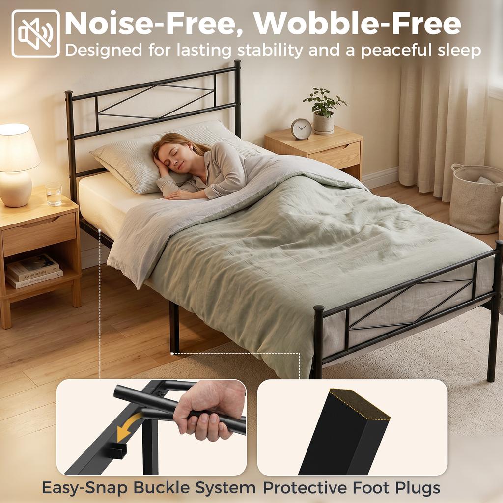 3ft Single Bed Frame with Headboard and Footboard, Metal Platform Bed Frame with 32 Cm Underbed Storage, Black
