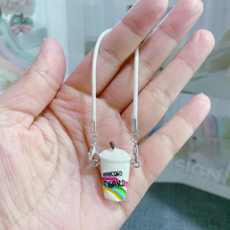 Mini Cartoon Rainbow Milk Tea Cup Pendant with Lanyard