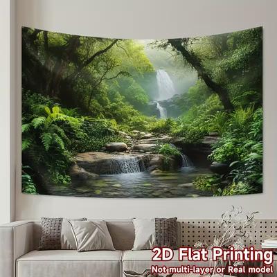 2D Lush Jungle Waterfall Tapestry Misty Stream Backdrop Cloth for Living Room