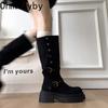 Winter Fashion Belt Buckle Knee High Boots Women Platform Heels Shoes Design Elegant Knight Long Boot