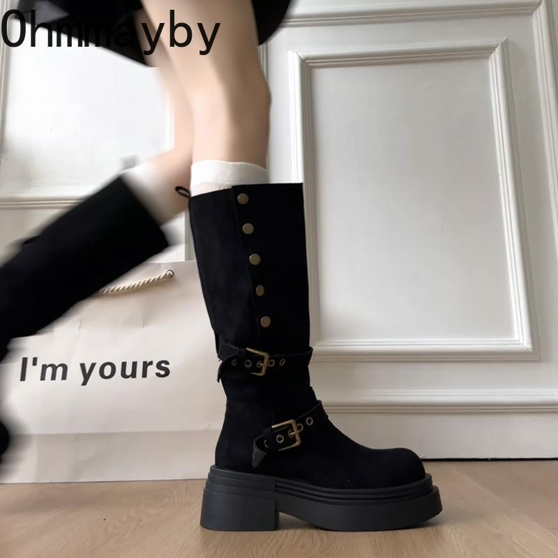 Winter Fashion Belt Buckle Knee High Boots Women Platform Heels Shoes Design Elegant Knight Long Boot