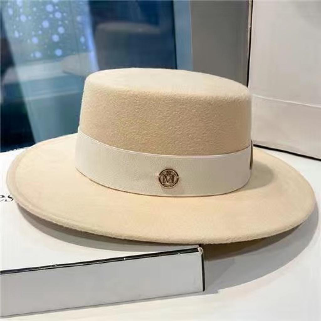 British retro style white fashion woolen jazz top hat women's hat trendy brand French celebrity versatile flat top hat