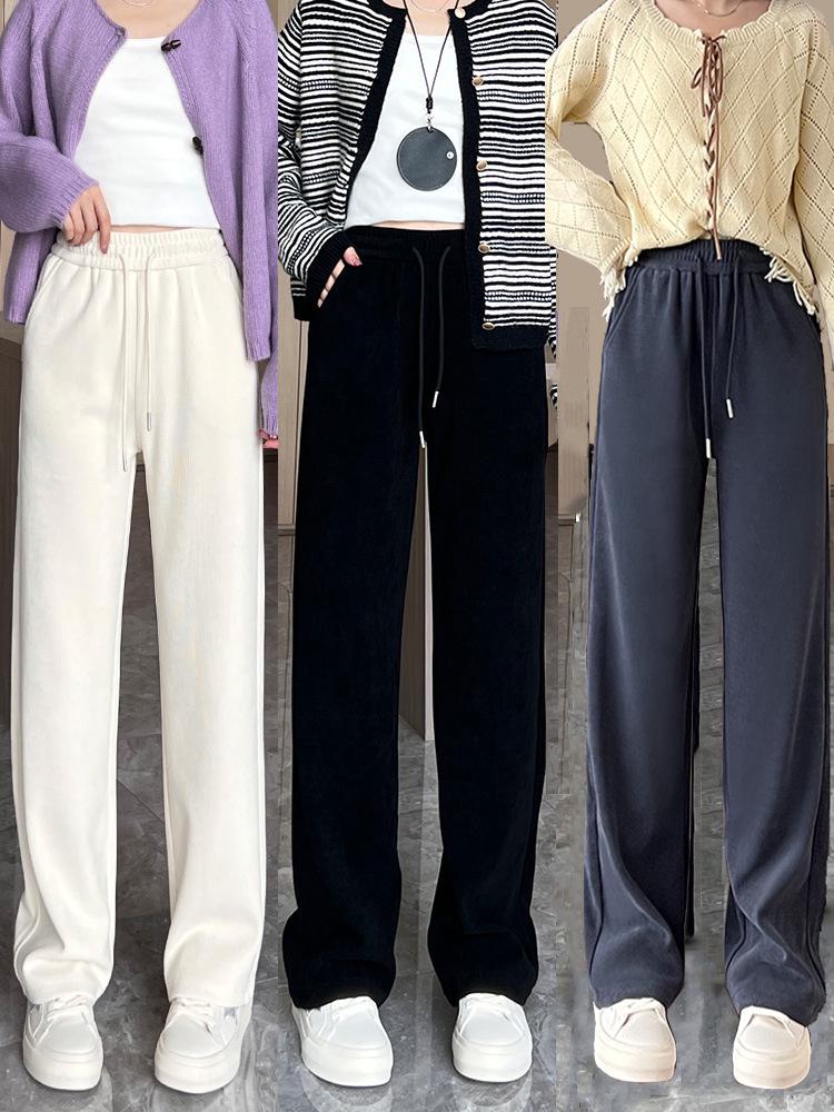 Women's High-Waisted Velvet Straight-Leg Pants - Fleece-Lined, Slimming, and Versatile for Autumn and Winter