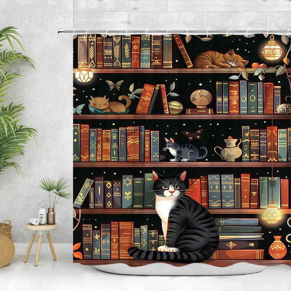 

Vintage Library Shower Curtain Skull Candles Old Books Bookshelf Cat Plant Cartoon Home Polyester Fabric Bathroom Decor Curtains W60H190(CM)-1 Pcs