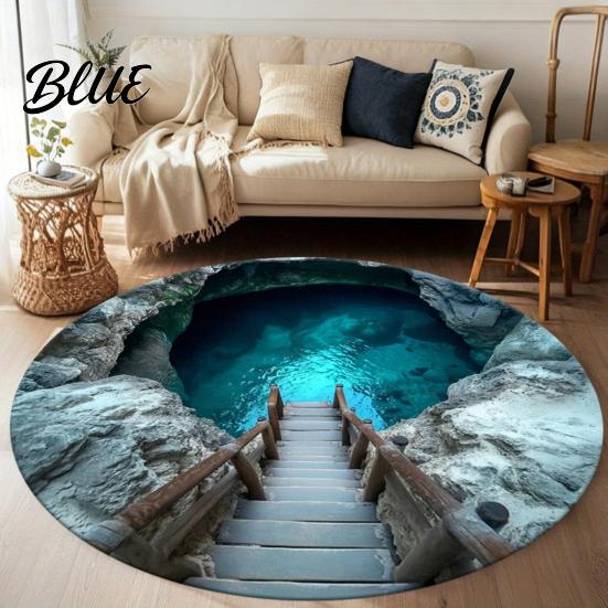 Hand Washable Floor Machine Bedroom Rug Realistic 3D Hole Mat Round Optical Illusion Non-Slip Area