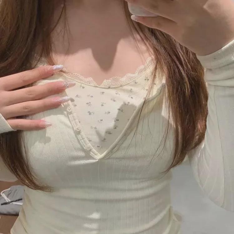 Dam T-shirt med blommig spets för tidig vår med kort topp - Tvådelat set