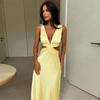 Deep V-neck Hollow Long Dress Sleeveless Slit Beach Vacation Dress Solid Color High Waist Dress