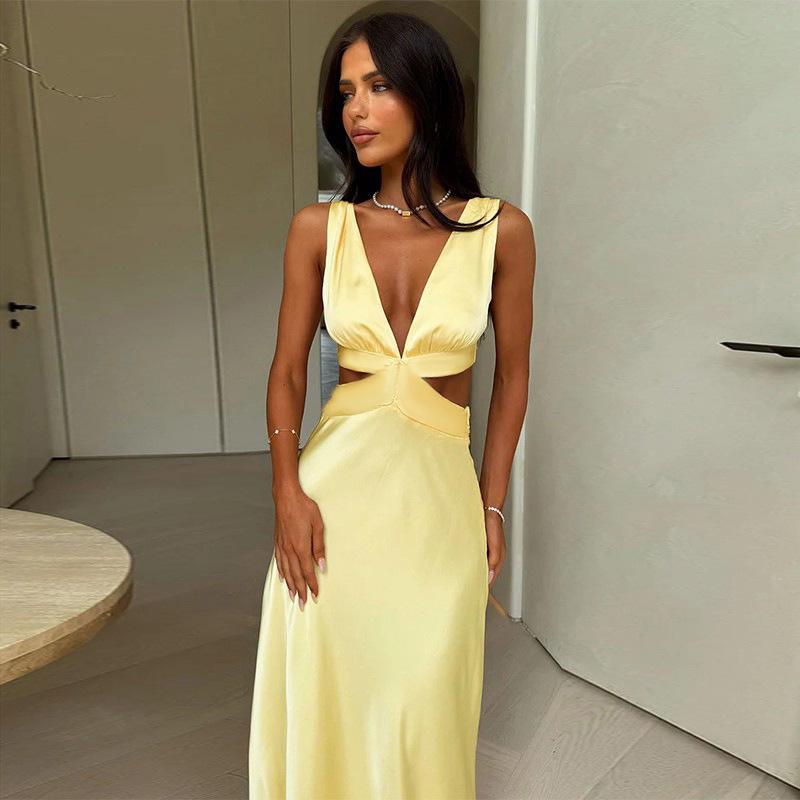 

Платье макси с глубоким V-образным вырезом, ажурное, без рукавов, с разрезом, пляжное, для отпуска, однотонное, с высокой талией S жёлтый