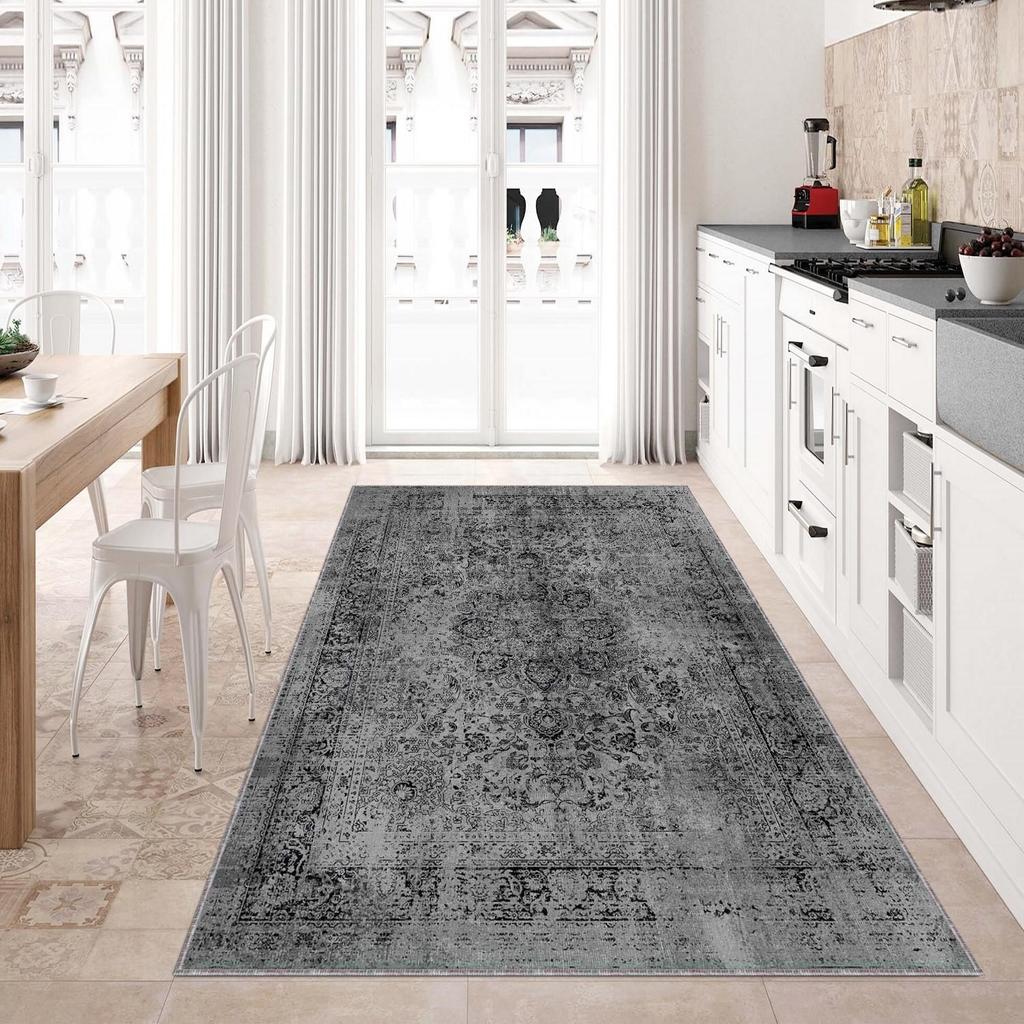 Vintage Gray Soft Carpet - Non-Slip Base, Machine Washable Area Rug, Retro Turkish Oriental Kilim Rug