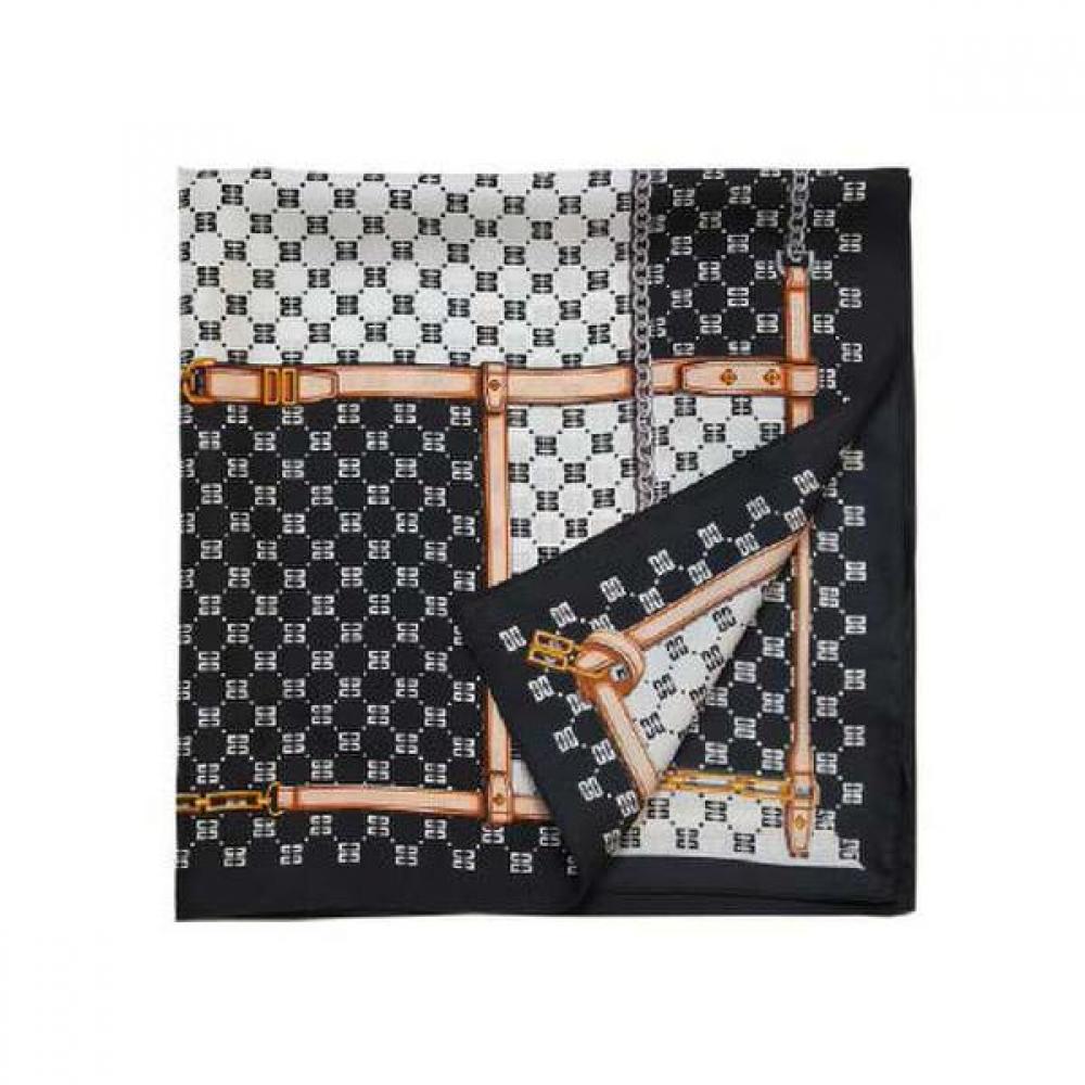 Daks Black Silk Square Scarf Dd Chain Pattern Dcsc2e021bk