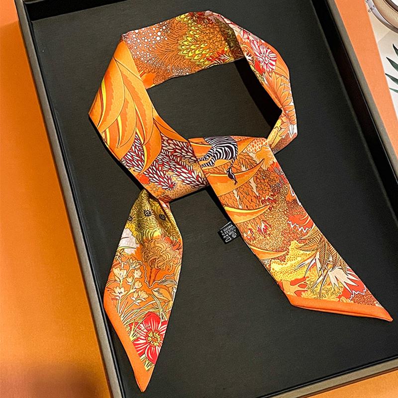 5*85cm Silk Feeling Scarves for Women Narrow Ribbon Headband Female Neckerchief Handle Bag Band Bandana Hair Tie Accessories