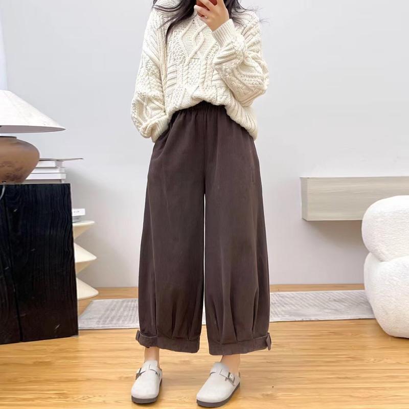 Johnature Japanese Corduroy Wide-leg Pants Women Autumn Loose Versatile Casual Retro Corset Pressed Pleated Pants