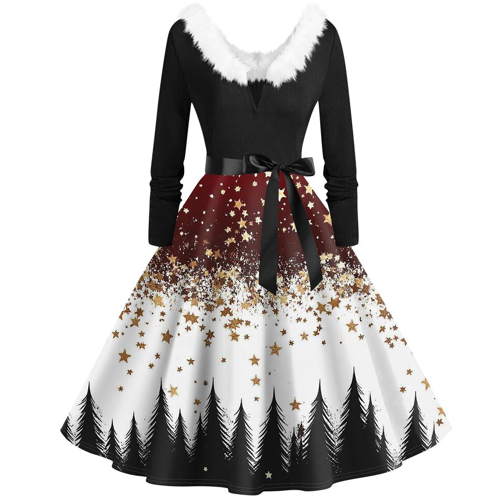Damenmode V-Ausschnitt Lässig Schlank Weihnachten Bedruckt Langarm Haarkragen Kleider