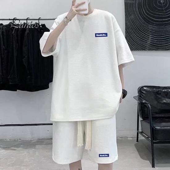 Męskie Komplety Dwuczęściowe Casualowy Dres Szorty Set Lato Oversize Krótki Rękaw Dres Sportowy Set Tkanina o Strukturze Waflowej Odzież Domowa Pasujący Garnitur