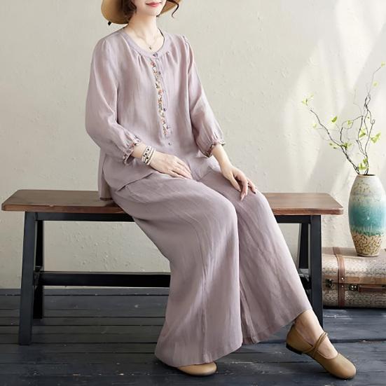 2Stk/Set Damen Freizeitoutfit Rundhalsausschnitt Ärmel Stickerei Blumenmuster Shirt