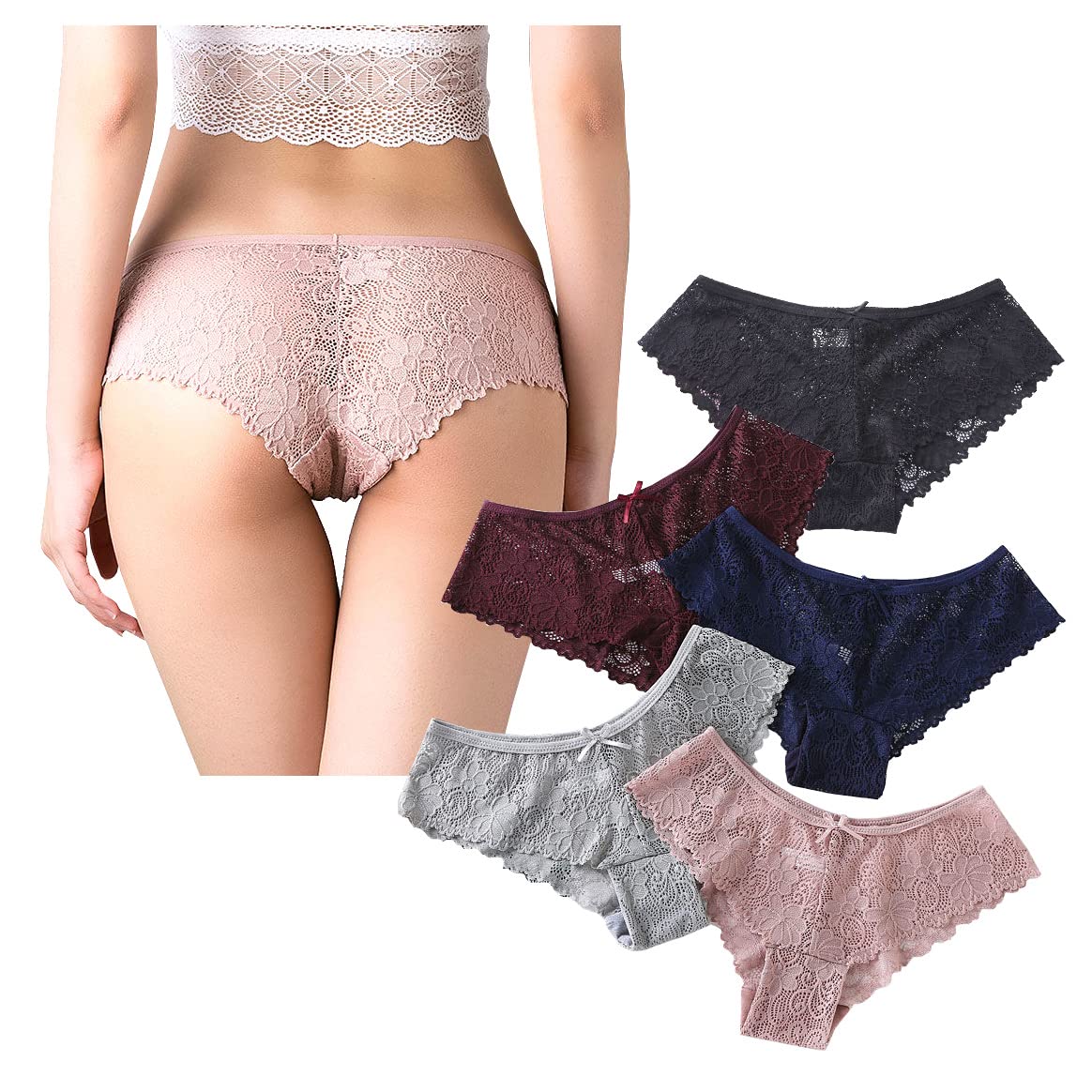 

Pureseek Women s Plus Size Lace T-Back Panties with Ribbon, Sexy 5-Piece Set (XL, 5 Colors)