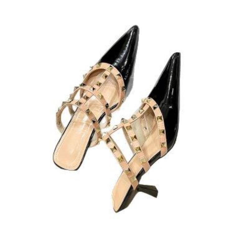 Pointed Half-tow Silver High Heels Autumn New Style Fine Heel Rivet Bag Head High Heel Slippers