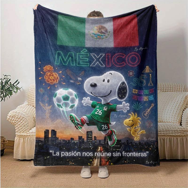 1pc Snoopy Mexico Soccer Flannel Blanket Soft Warm Throw Blanket for Bedroom Living Room Bed Travel Camping Picnic Gift. MT71501112