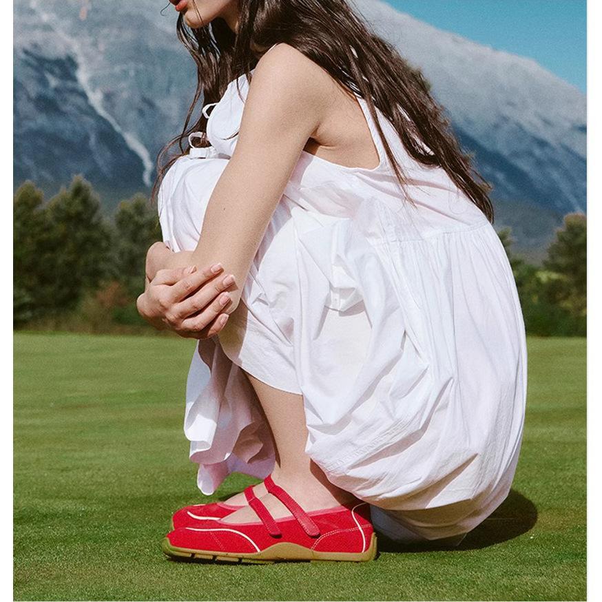 Velcro Women's Casual Beanie Shoes Red Soft Sole Not Tired Feet Retro Mary Jane Shoes Ballet Training Single Shoes Summer