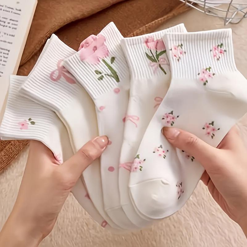 Women's Cute Flower Bow Pattern Mid-calf Socks - Fresh and Elegant for Dressing, Breathable and Comfortable,Cute Socks, Nice Sports Socks, Short Socks