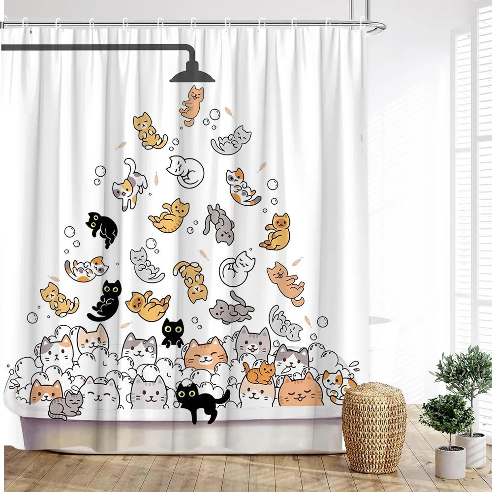 Cartoon Animal Shower Curtain with Funny Cat and Dog Paws Cute Kids Shower Print Family Bathroom Decoration with Hooks