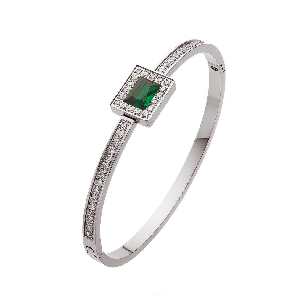 European  American INS Style Rhinestone  Emerald Zirconia Retro Bangle - Luxury Stainless Steel Women s Bracelet