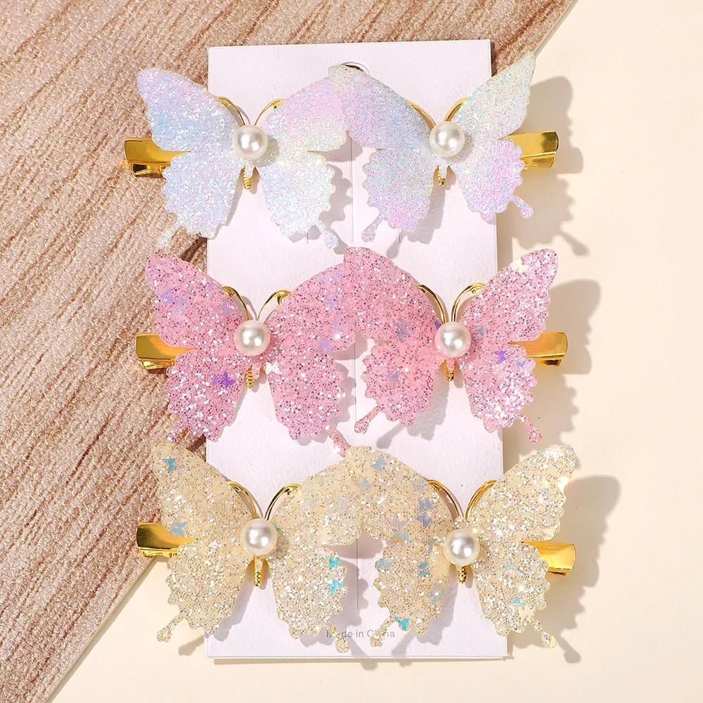 6Pcs Korean Style Sequin Butterfly Hair Clip Pearl Metal Bow Hair Bangs Hairgripes Women Girl Fashionable Hair Accessories