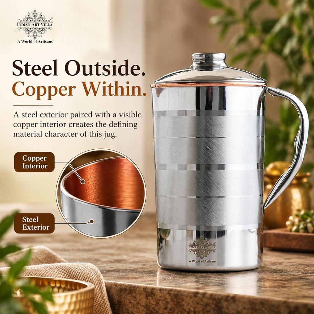 Steel Copper Luxury Design Jug Pitcher, Storage & Serving Water, Beneficial for Health, Volume- 1500 ML