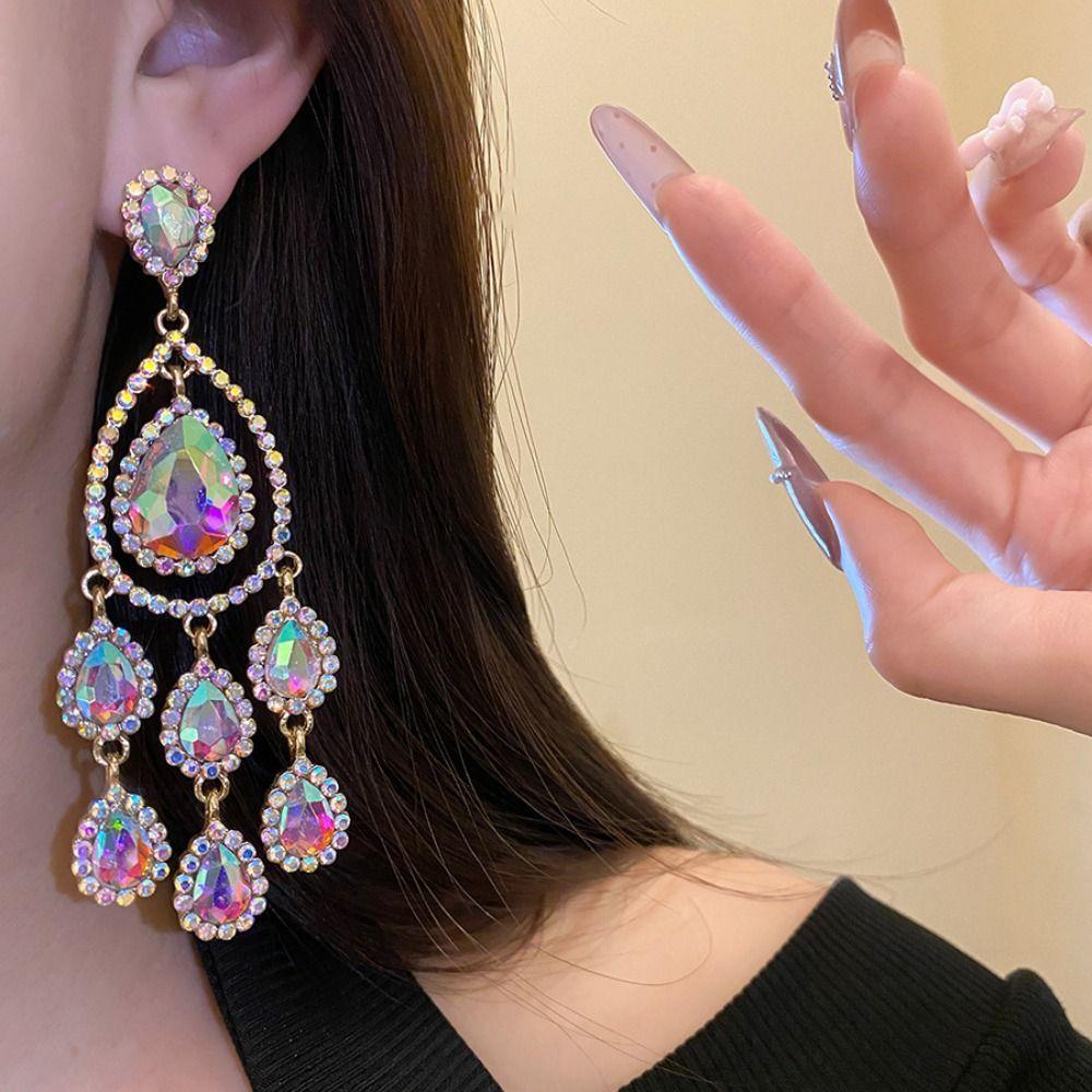Colored Crystal Water Drop Earrings Long Style Fringed Earrings Dangle Earrings  Ladies' Jewelry