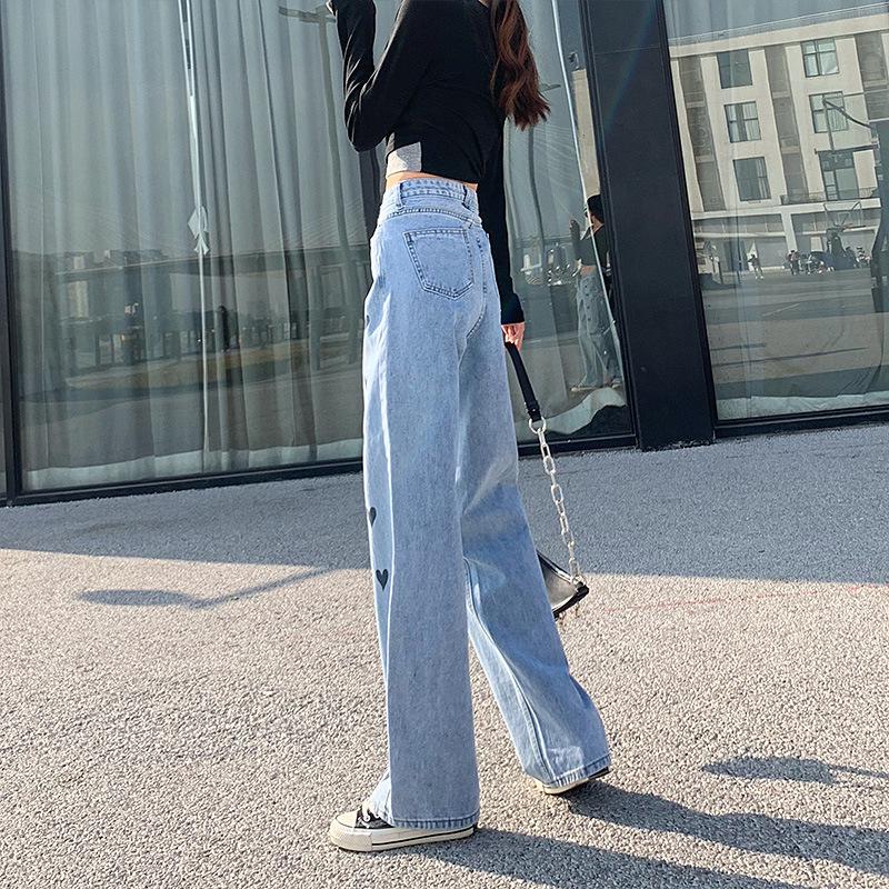 Women's High Waist Heart Embroidery Denim Pants - Slimming, Straight, Loose Fit, 2024 New Release, Wide-Leg, Floor Length