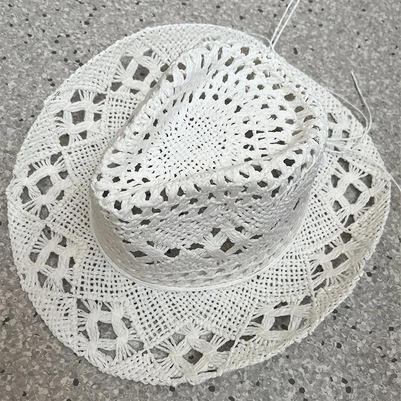 Summer Women's Men's Ethnic Style Western Cowboy Straw Hat Punk Style Handmade Hollow Sun Hat Rolled Edge Sunscreen Beach Cap