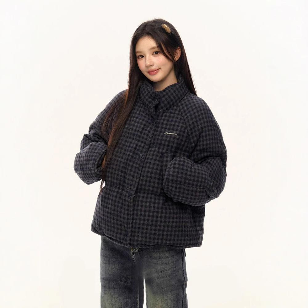 Koreanischer Karierter Kurzer Baumwollmantel für Damen, Locker und Vielseitiger Winter Verdickter Brotmantel und Baumwollgepolsterte Jacke