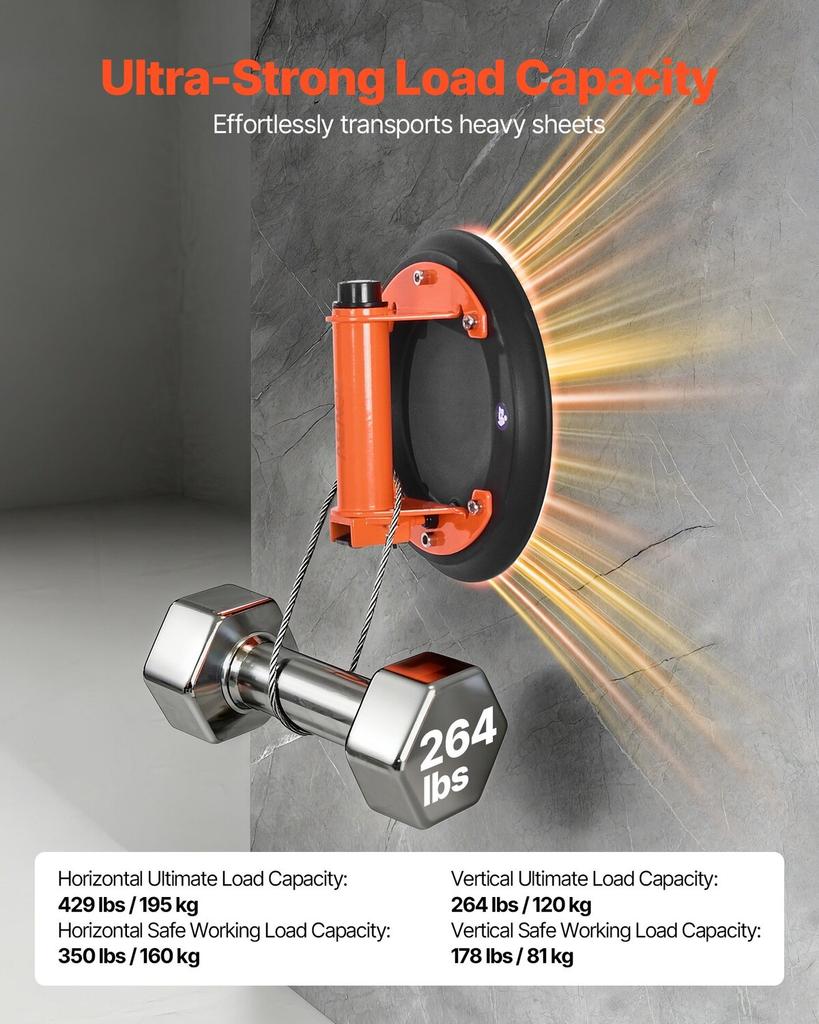 Vacuum Suction Cup, 203 mm Vacuum Glass Lifter with Metal Handle, 195 kg Max Lifting Capacity Tile Suction Cup Tool with Carrying Case for Lifting