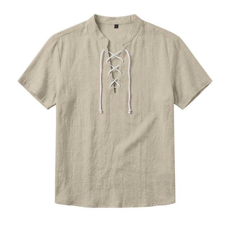 Men's Linen‑Blend Lace‑Up Stand‑Collar Shirt, Crisscross Tie Front V‑Neck, Short Sleeve, Breathable Relaxed‑Fit Medieval Renaissance Casual Summer Top