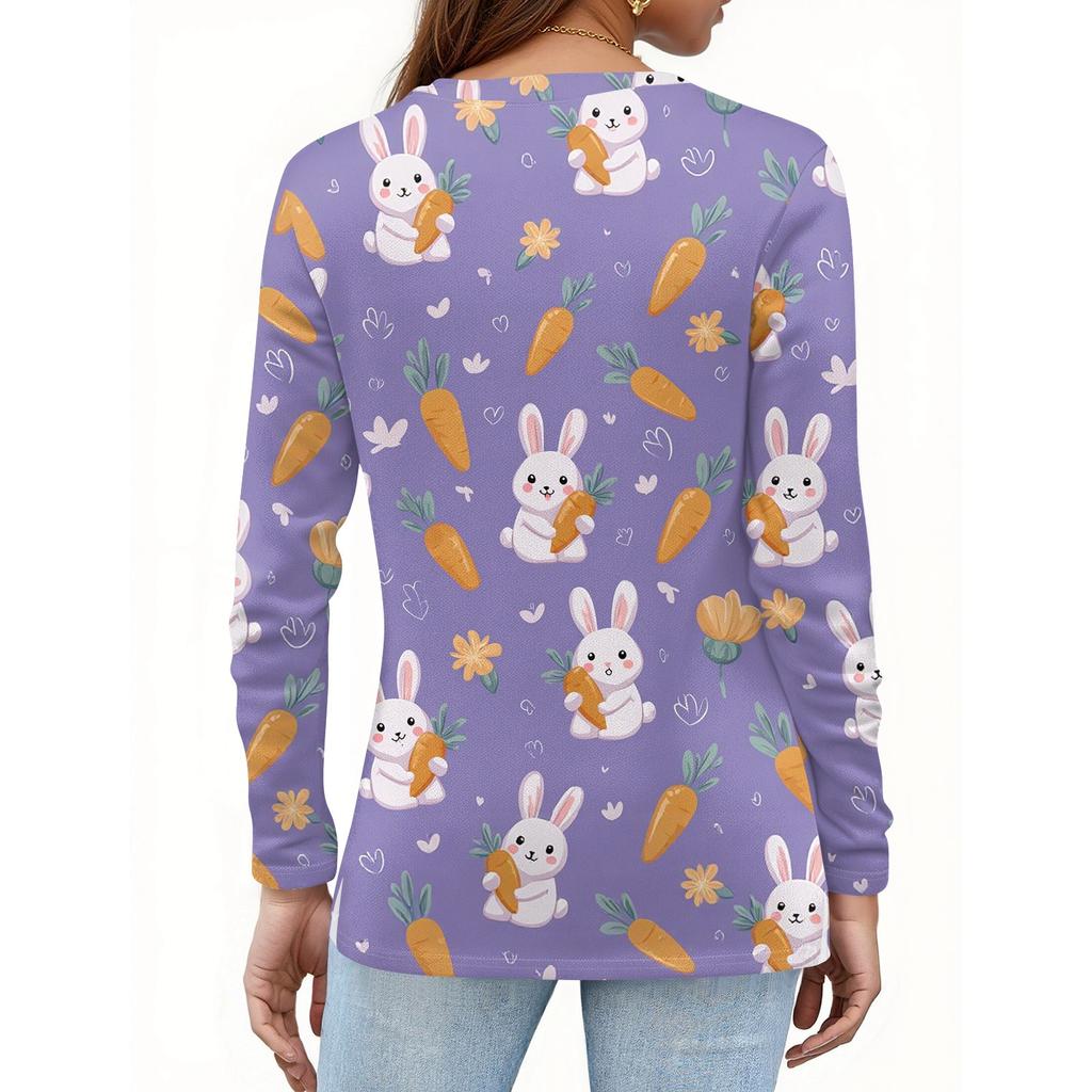 Damska modna, swobodna, rozcięta na dole, okrągły dekolt, długi rękaw, luźny, nadrukowany T-shirt