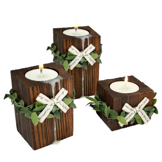 Wooden Tealight Candle Holder Rustic Wood Pillar Candle Stand with Bow Vintage Table Centerpiece for Fireplace Living Dining Room