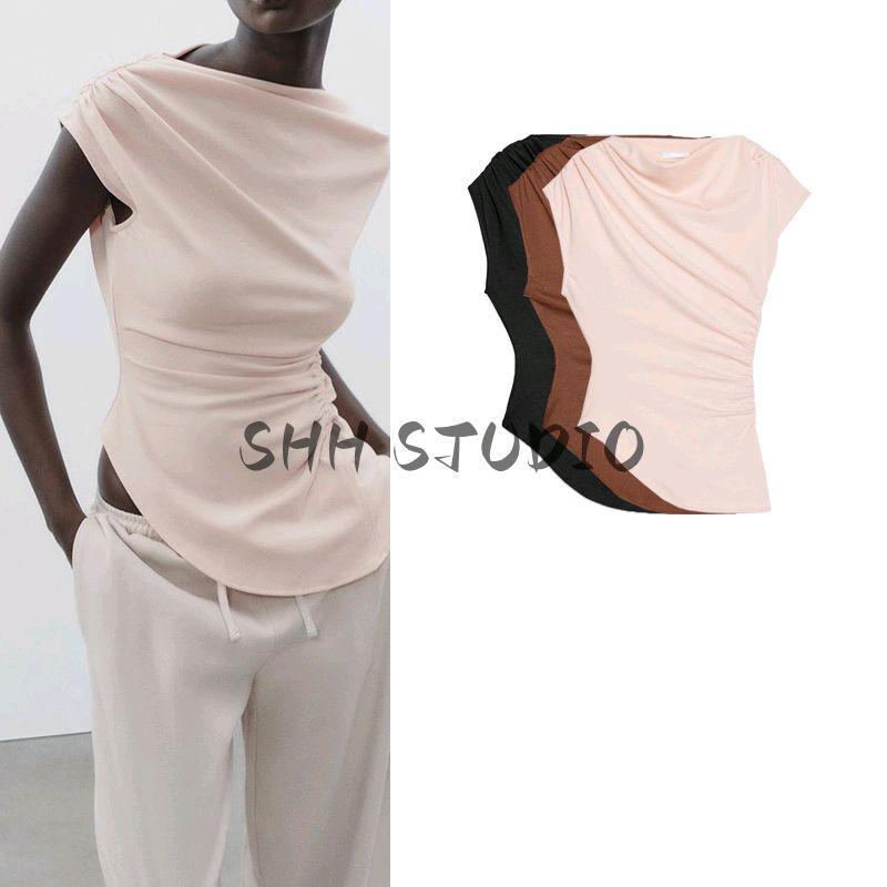 Spring New Women's Clothing Sweet Style Multi-Color Selection Ruched Asymmetric Boat Neck Basic Tops 5644768