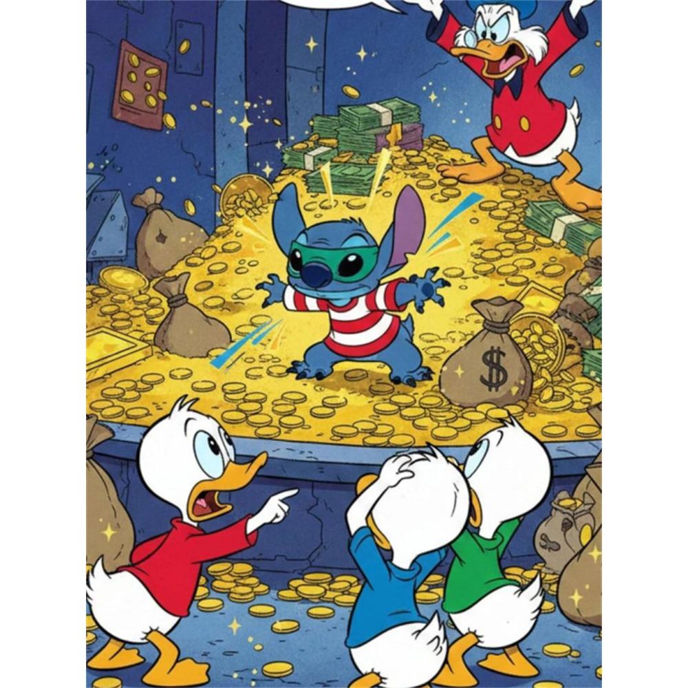 

Disney 5D DIY Diamond Painting Stitch Scrooge McDuck and Their Family in The Coin Vault Cartoon Full Diamond Mosaic Art Wall Decoration Set Round 20x30cm