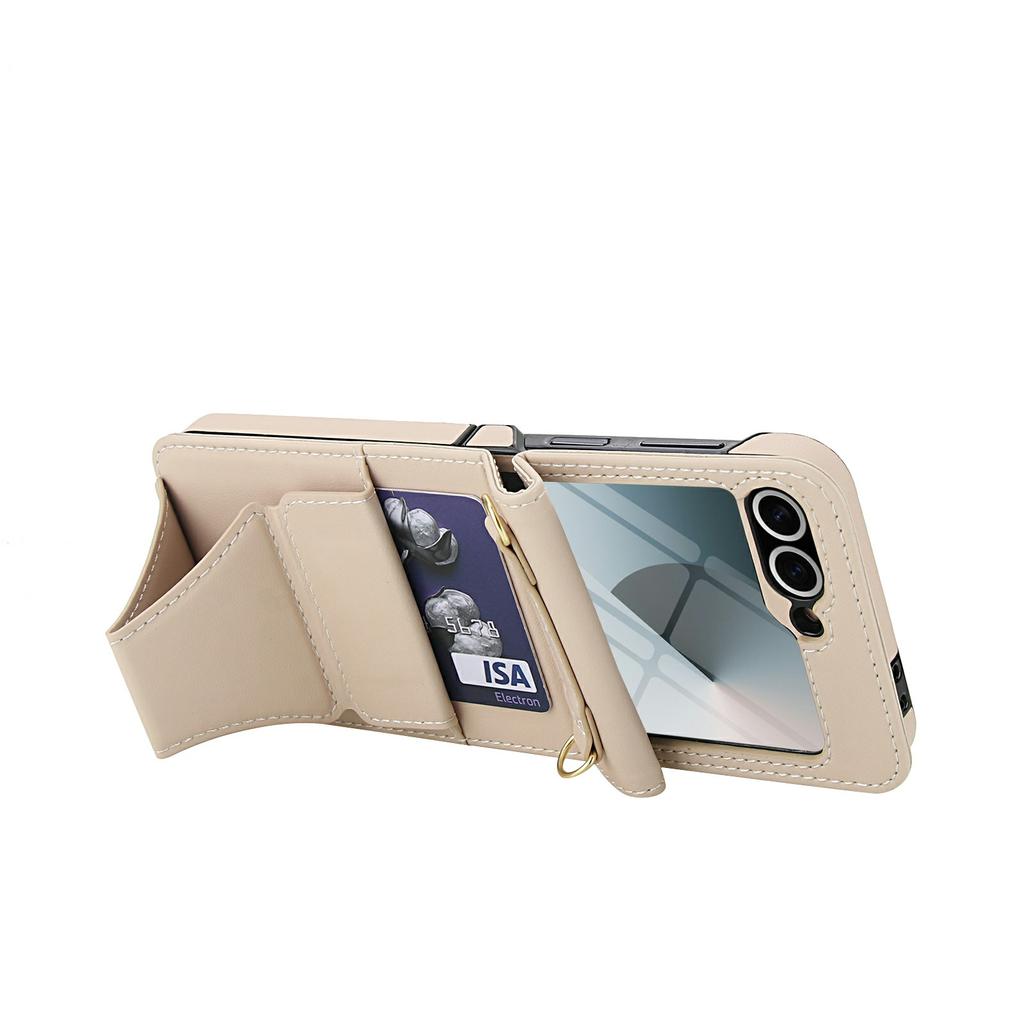 For Samsung Galaxy Z Flip5 5G Case Kickstand Leather+PC Folding Phone Cover with HD Screen Protector/Straps
