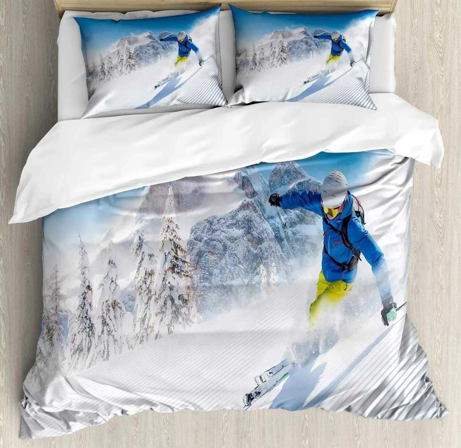 Ski Sport Dekbedovertrek Set Volledige Maat Wintersport Skiën Beddengoed Sets Sneeuwberg Landschap Dekbedovertrek voor Jongens Meisjes EU Double(200*200cm)3pcs