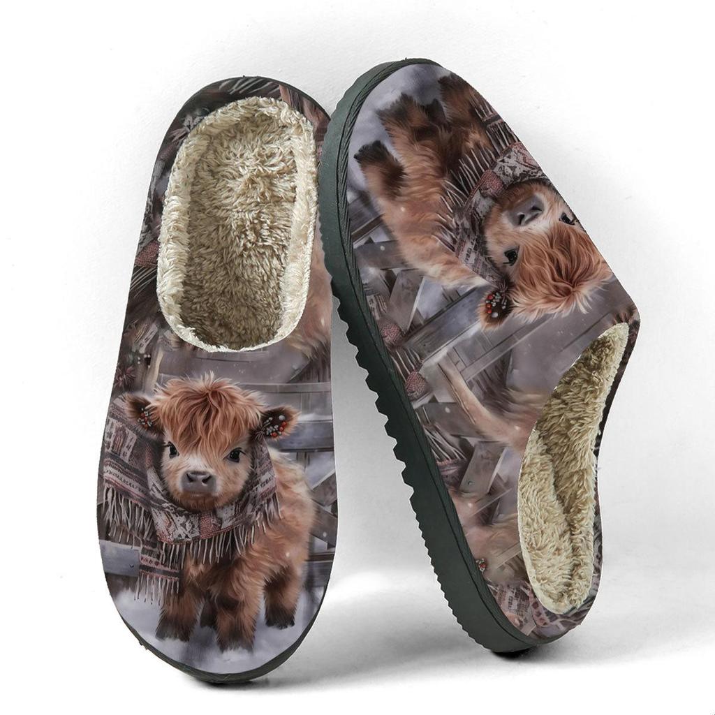 Highland Cow Print Cotton Slippers for Men & Women, Warm & Cozy for Autumn & Winter, Perfect for Couples at Home