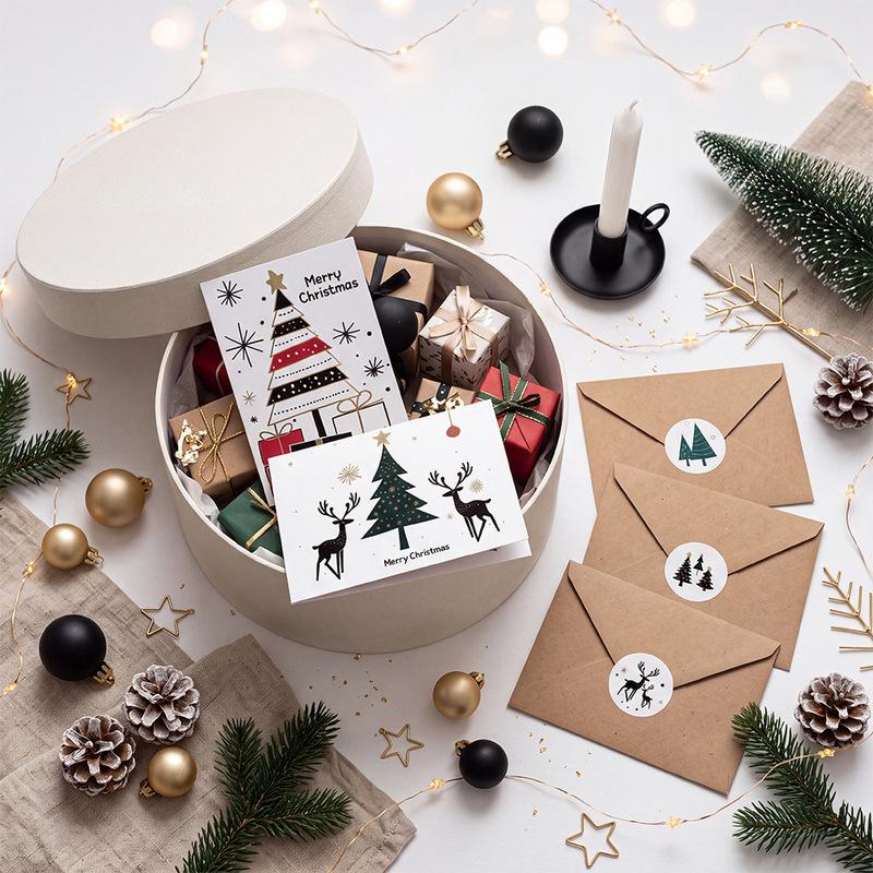 6Pcs Christmas Card Set with Envelopes & Stickers Minimalist Gold Black Tree Snowman Reindeer Holiday Greeting Cards