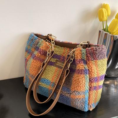 Women's Shoulder Bag Plaid Pattern Sherpa Tote Bag Shopping Chroma Handbag